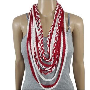 Banded Red and white braid womens infinity scarf